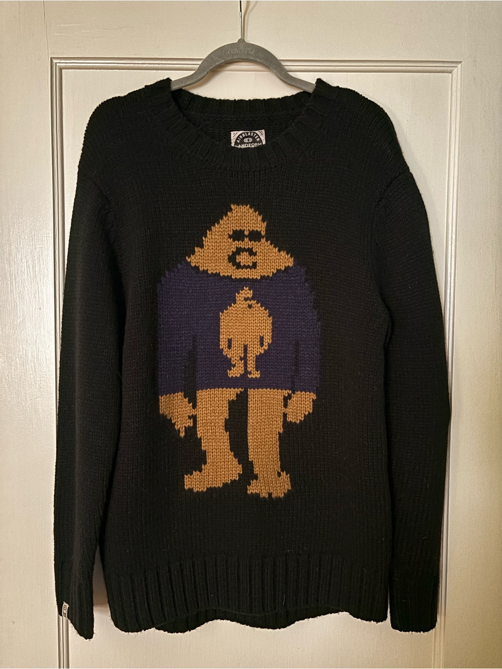 Airblaster Sassy Sasquatch Black Knit Crewneck Sweater with Gold / Navy Graphic